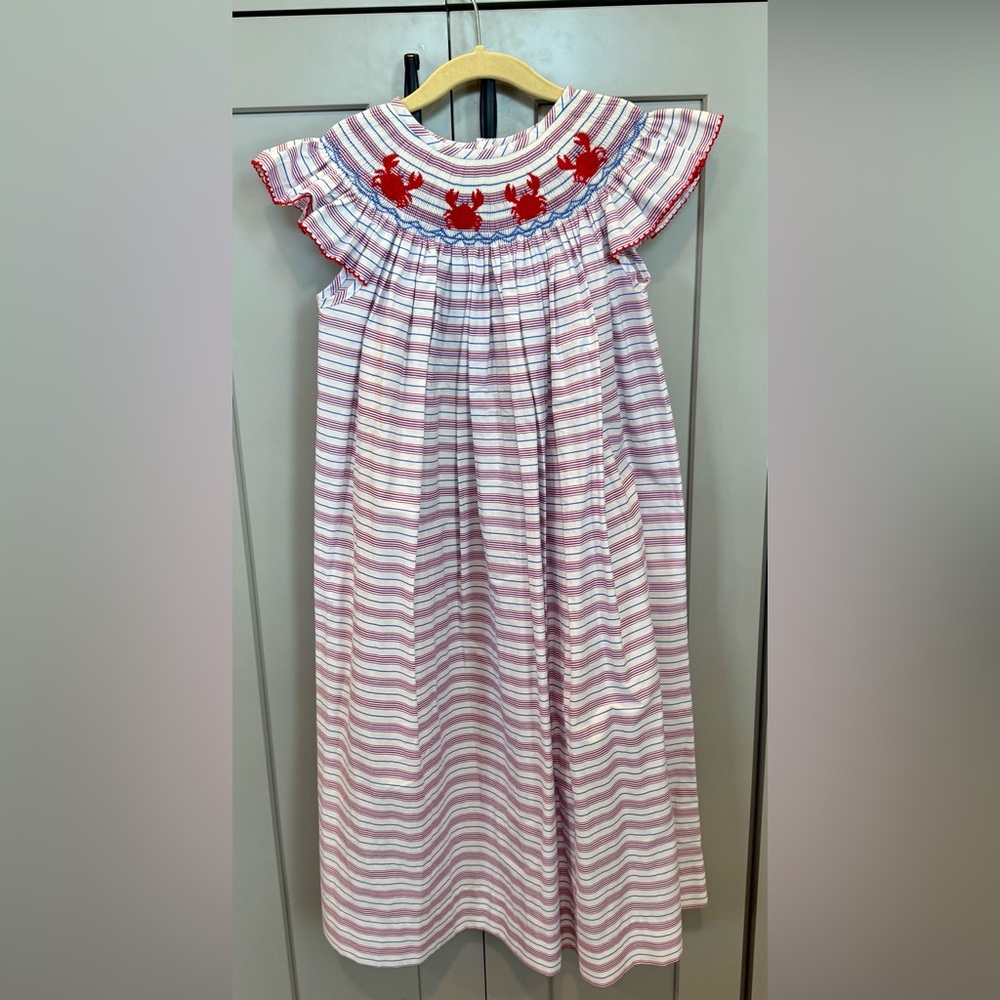 Shrimp & Grits Kids-Smocked Crab, Striped Red and White Long Dress